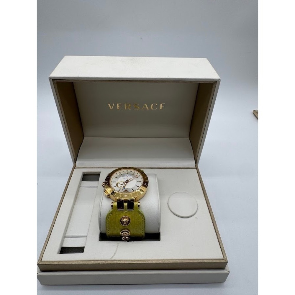 Versace V-Race GMT Alarm Gold Tone White Dial Green Leather Watch PVND04-P0014